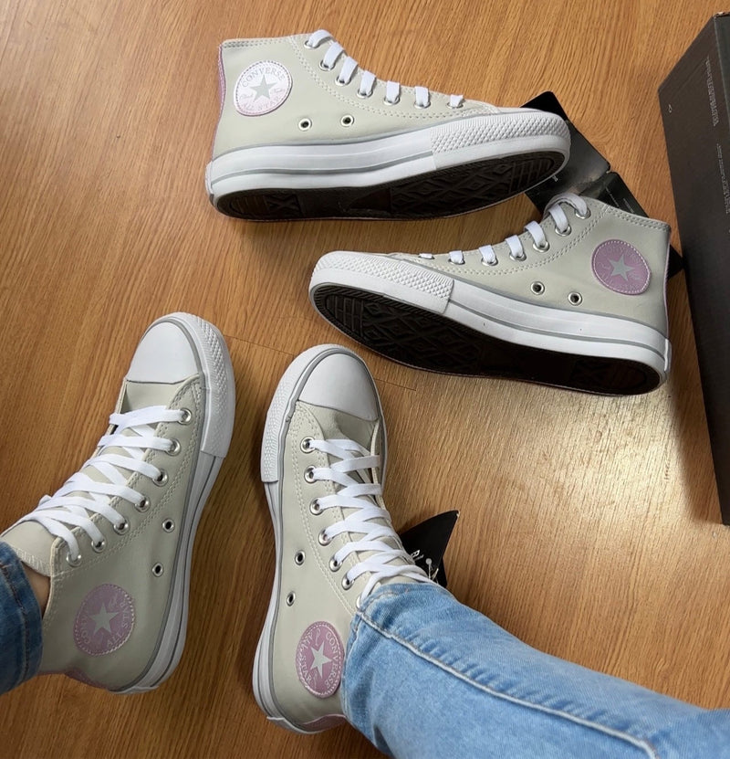 Tênis All Star Cano Alto Courino Cinza e Lilás Feminino Premium